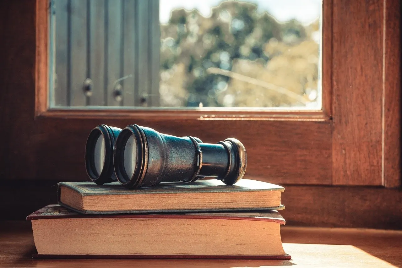 Altes Fernglas liegt auf zwei gestapelten Büchern vor einem Holzfenster, draußen sind unscharf Bäume zu erkennen
